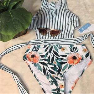 Flower Print Striped Monokini High Waist Cross